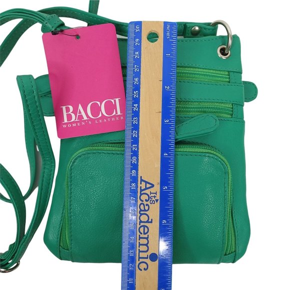 Bacci Crossbody Purse Handbag Adjustable Strap 5 Pocket Card Leather Green - Picture 8 of 9